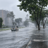 Vehículo circula por una vía inundada durante una fuerte lluvia, mientras árboles se observan a los lados de la calzada bajo cielo gris en granizada en Bogotá.