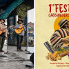 Imagen del cartel promocional del Festival Carranguero de Bogotá y de tres hombres en tarima que visten ruana y tiple.