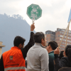 Personal de logística y participantes reunidos en una plaza del centro de Bogotá durante un simulacro. Una persona sostiene en alto una señal verde de “Punto de encuentro”, mientras alrededor se observan varios asistentes. Imagen de referencia para el Simulacro Bogotá 2026.