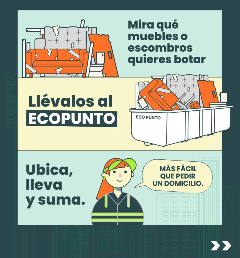 Mira que muebles o escombros quieres botar. Llévalos al Ecopunto. Ubica, lleva y suma.